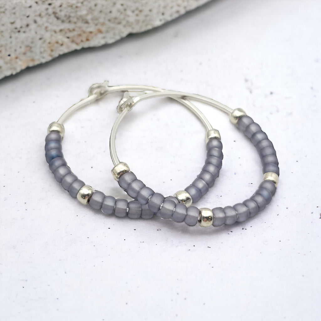 Boho - Silver & Purple Seed Bead Hoops Earrings Bijou by SAM
