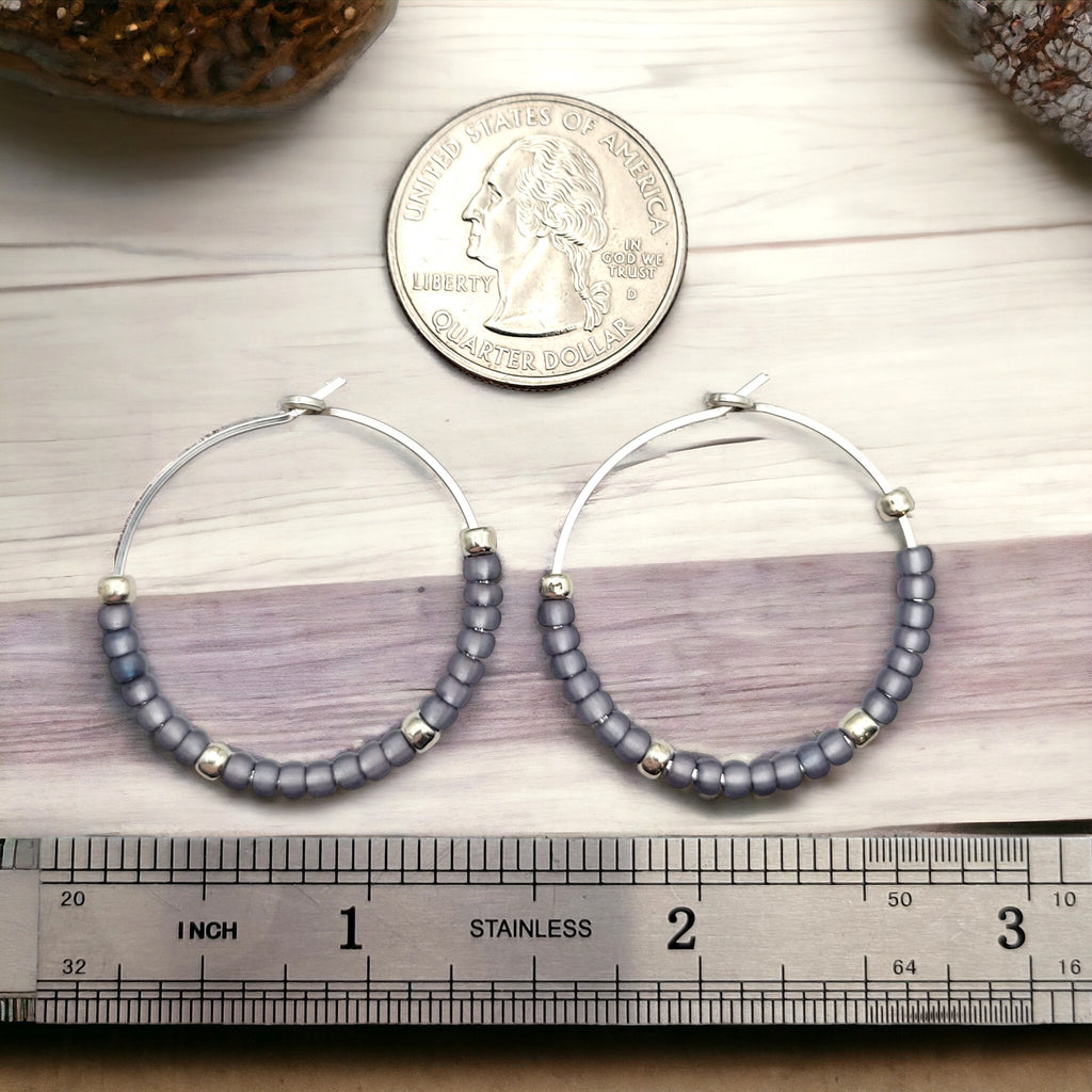 Boho - Silver & Purple Seed Bead Hoops Earrings Bijou by SAM