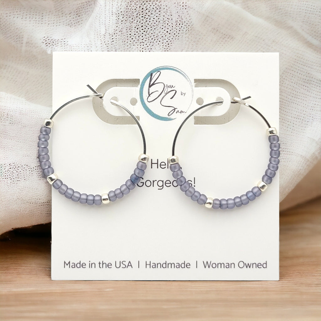 Boho - Silver & Purple Seed Bead Hoops Earrings Bijou by SAM