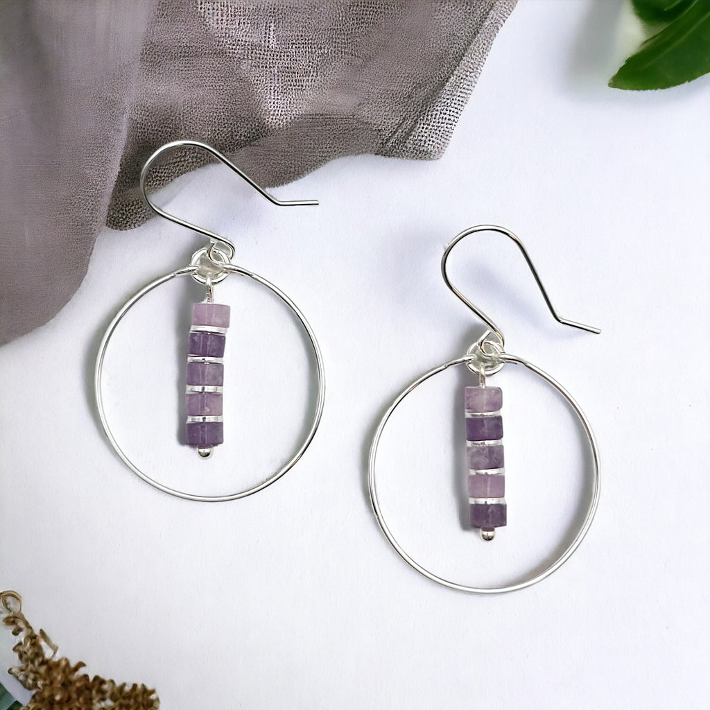 Boho - Silver Hoop with Amethyst Earrings Bijou by SAM