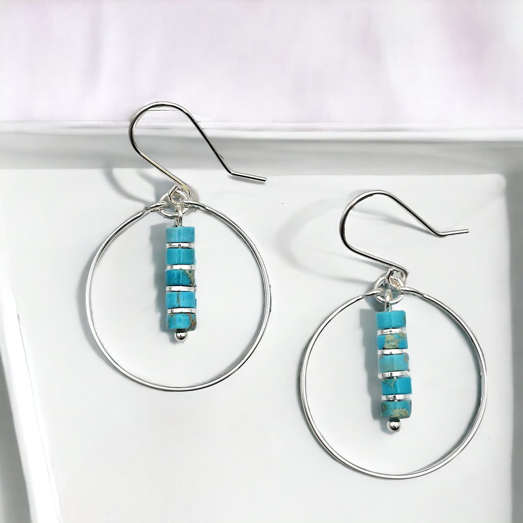 Boho - Silver Hoops with Turquoise Dangle Earrings Bijou by SAM