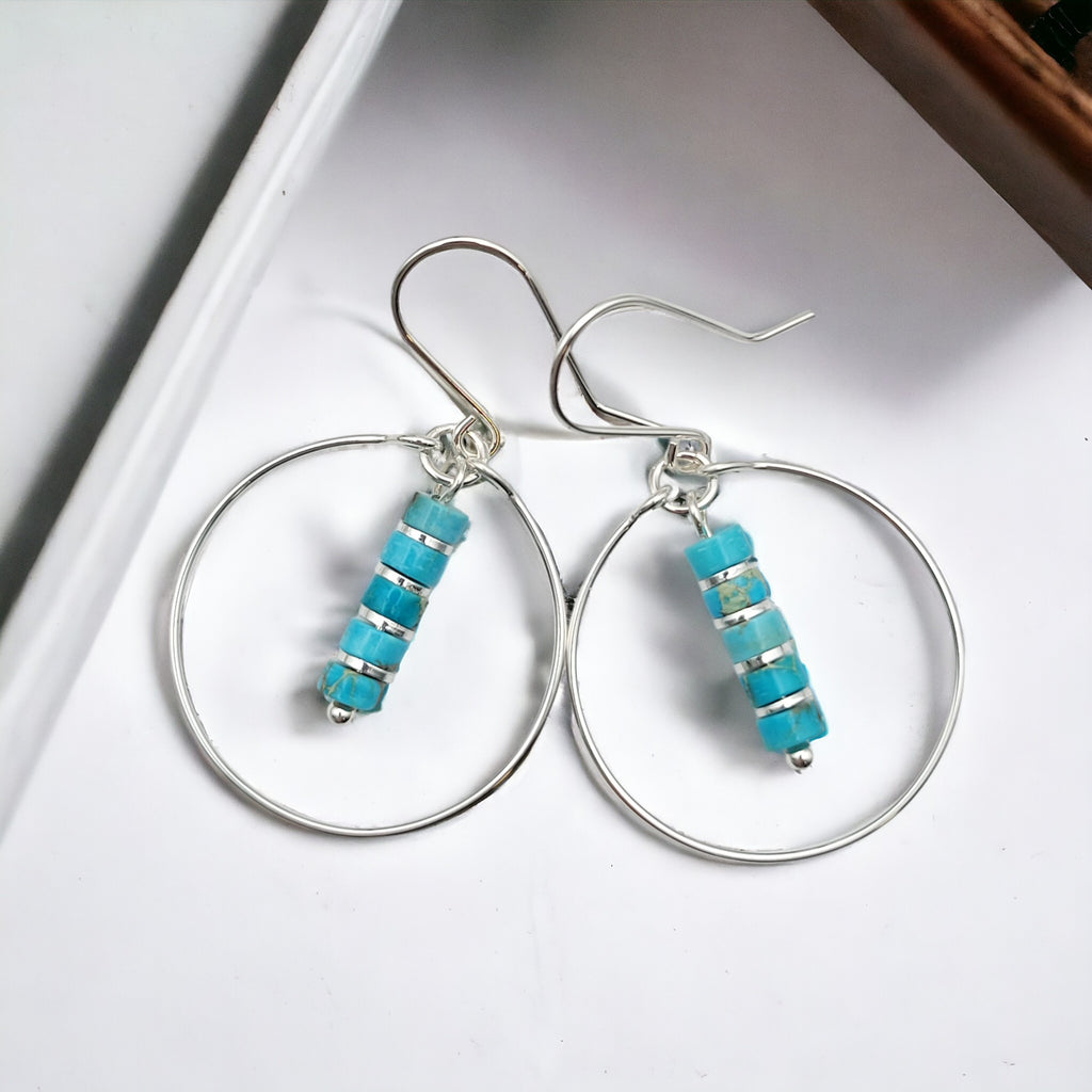 Boho - Silver Hoops with Turquoise Dangle Earrings Bijou by SAM   