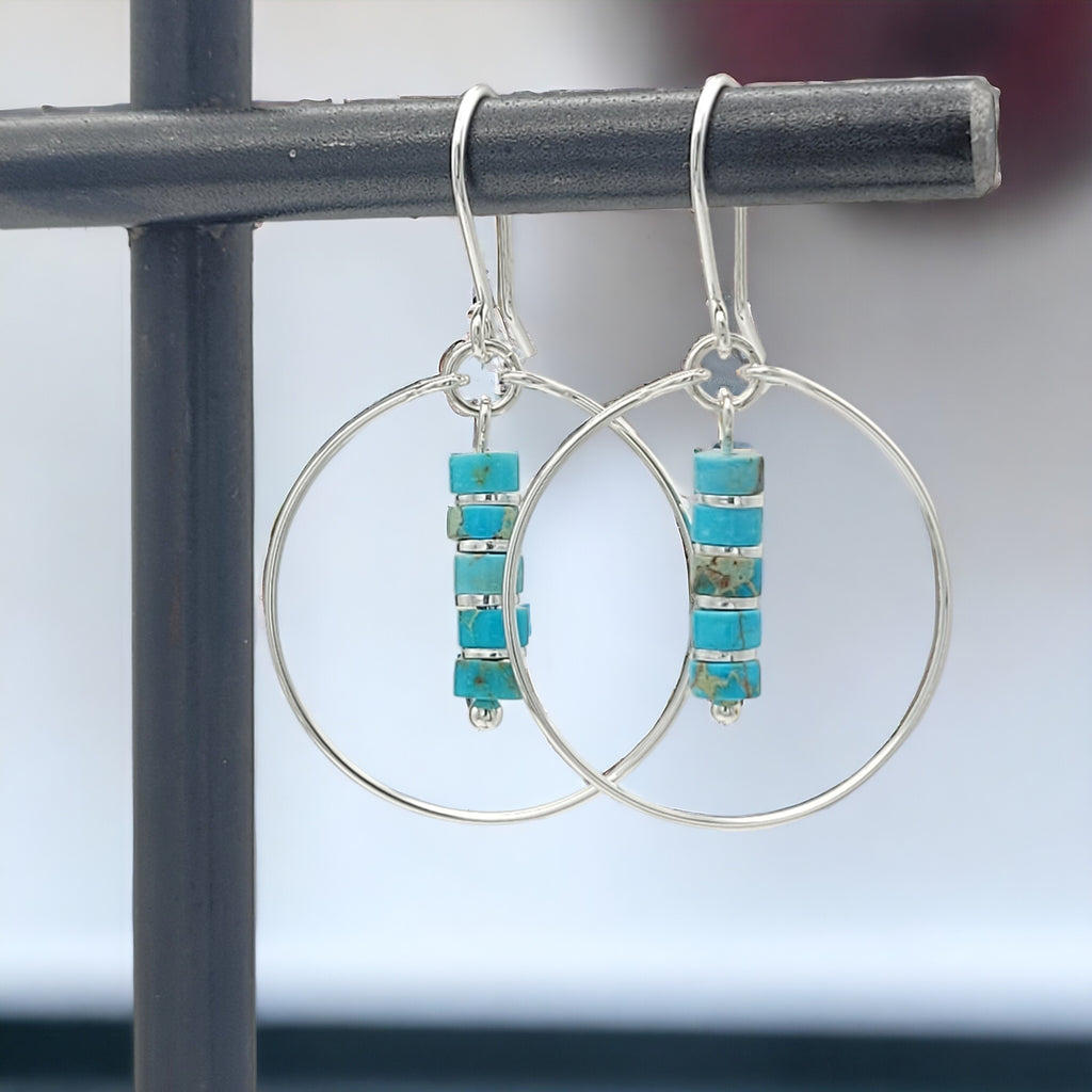 Boho - Silver Hoops with Turquoise Dangle Earrings Bijou by SAM   