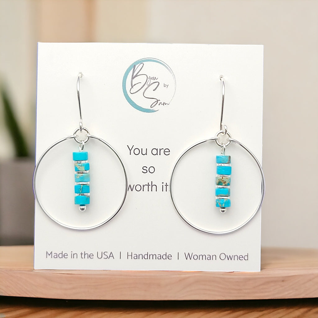 Boho - Silver Hoops with Turquoise Dangle Earrings Bijou by SAM