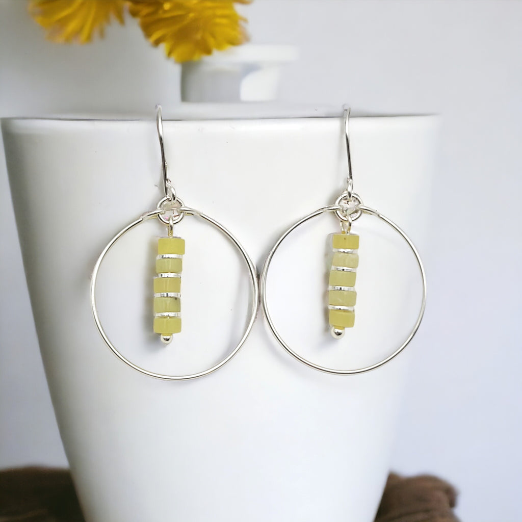 Boho - Silver Hoop with Lemon Yellow Jade Earrings Bijou by SAM