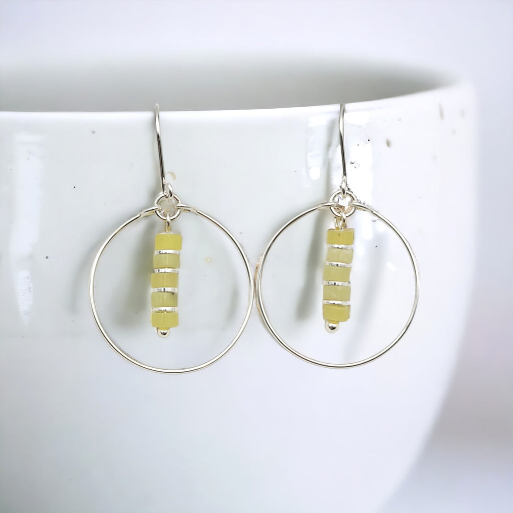 Boho - Silver Hoop with Lemon Yellow Jade Earrings Bijou by SAM