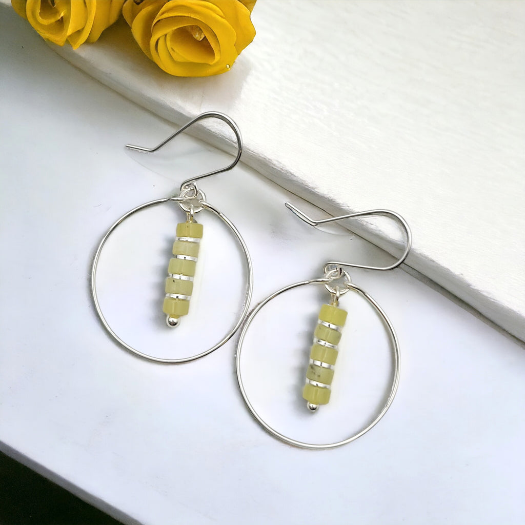 Boho - Silver Hoop with Lemon Yellow Jade Earrings Bijou by SAM