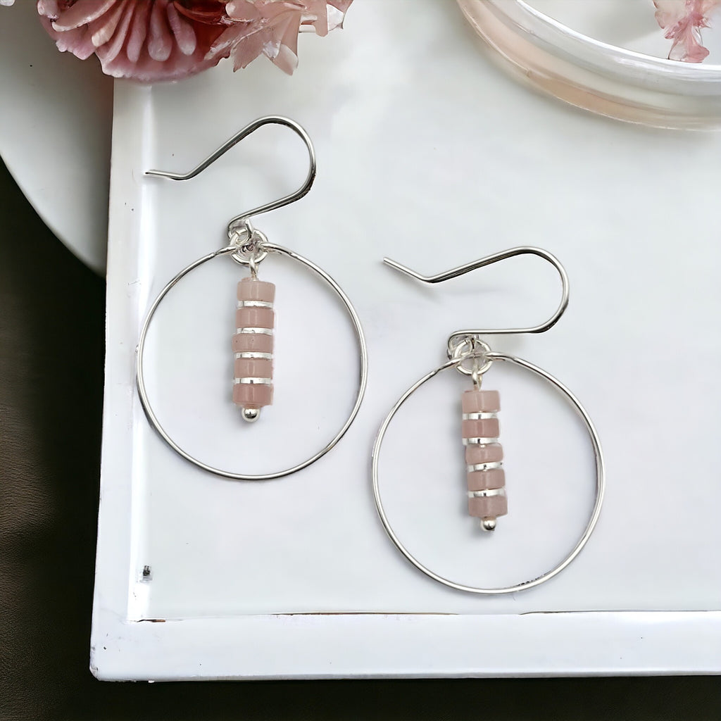 Boho - Silver Hoop Earrings with Pink Opal Earrings Bijou by SAM