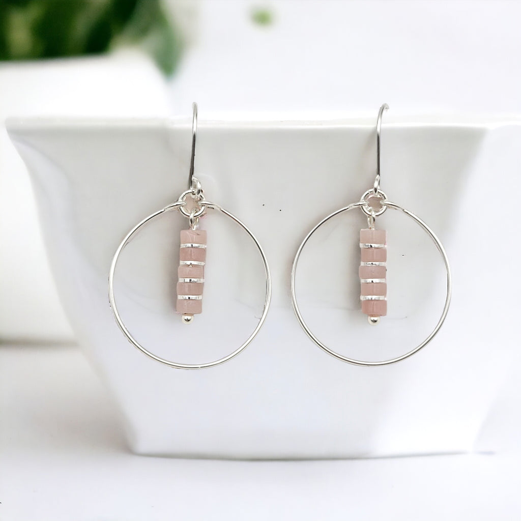 Boho - Silver Hoop Earrings with Pink Opal Earrings Bijou by SAM