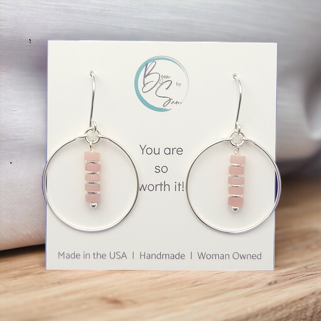 Boho - Silver Hoop Earrings with Pink Opal Earrings Bijou by SAM