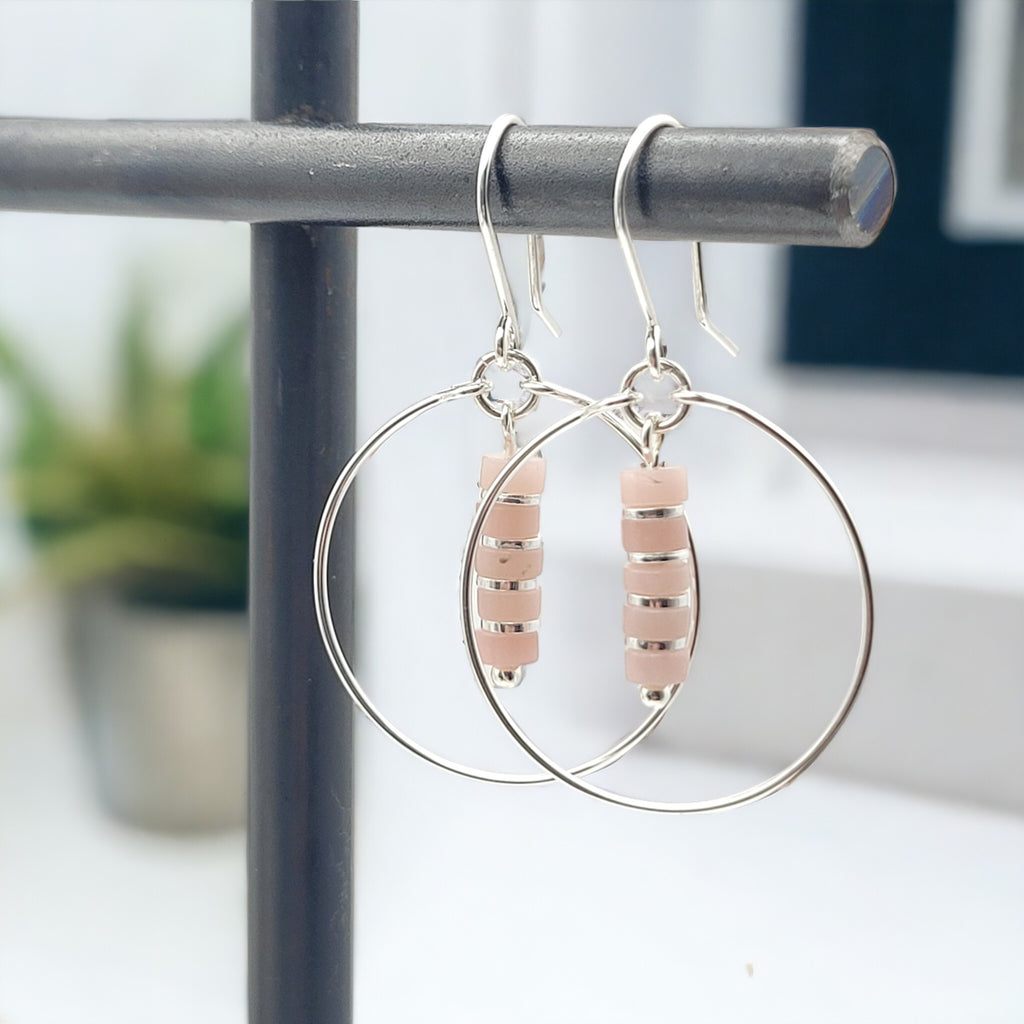 Boho - Silver Hoop Earrings with Pink Opal Earrings Bijou by SAM