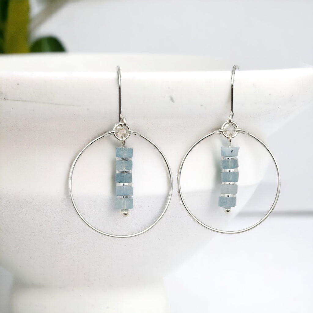 Boho - Silver Hoops with Aquamarine Dangle Earrings Bijou by SAM