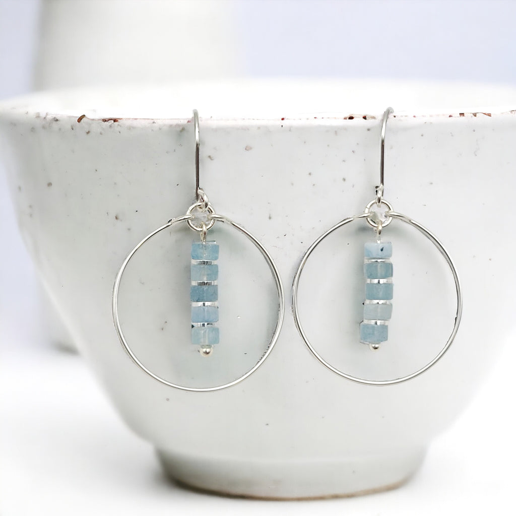 Boho - Silver Hoops with Aquamarine Dangle Earrings Bijou by SAM