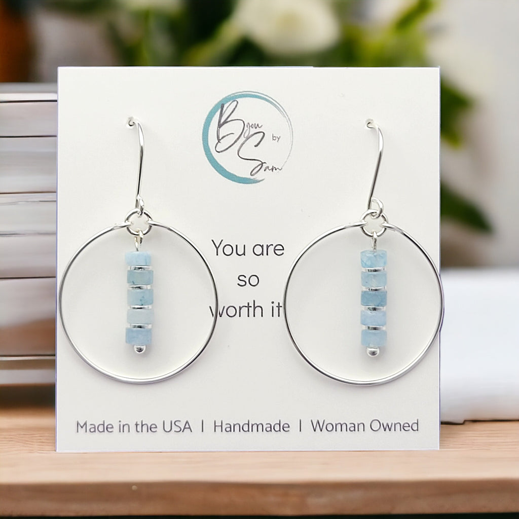 Boho - Silver Hoops with Aquamarine Dangle Earrings Bijou by SAM