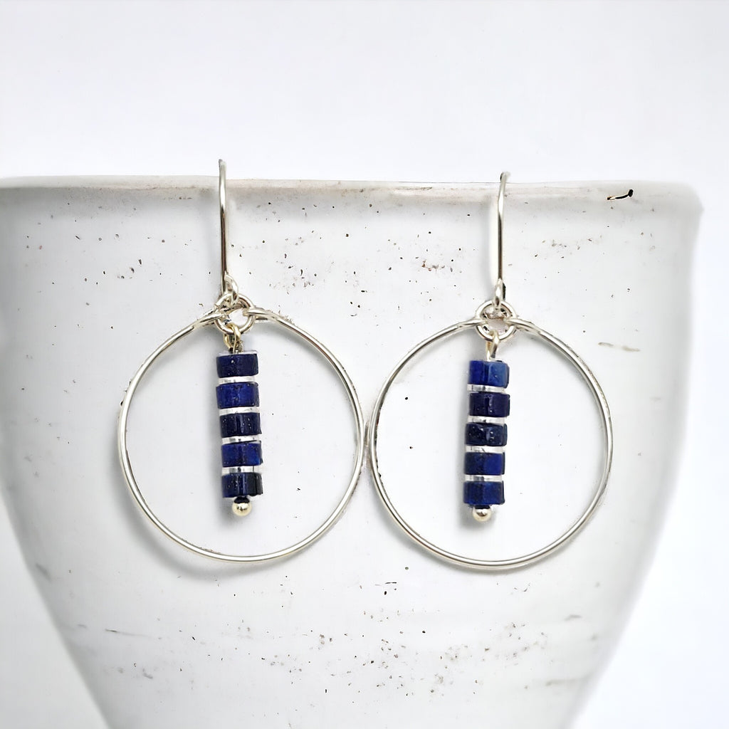 Boho - Silver Hoops with Lapis Lazuli Dangle Earrings Bijou by SAM