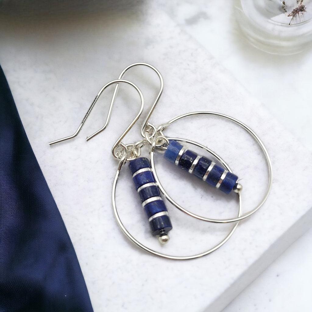 Boho - Silver Hoops with Lapis Lazuli Dangle Earrings Bijou by SAM