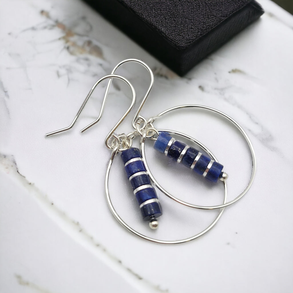 Boho - Silver Hoops with Lapis Lazuli Dangle Earrings Bijou by SAM