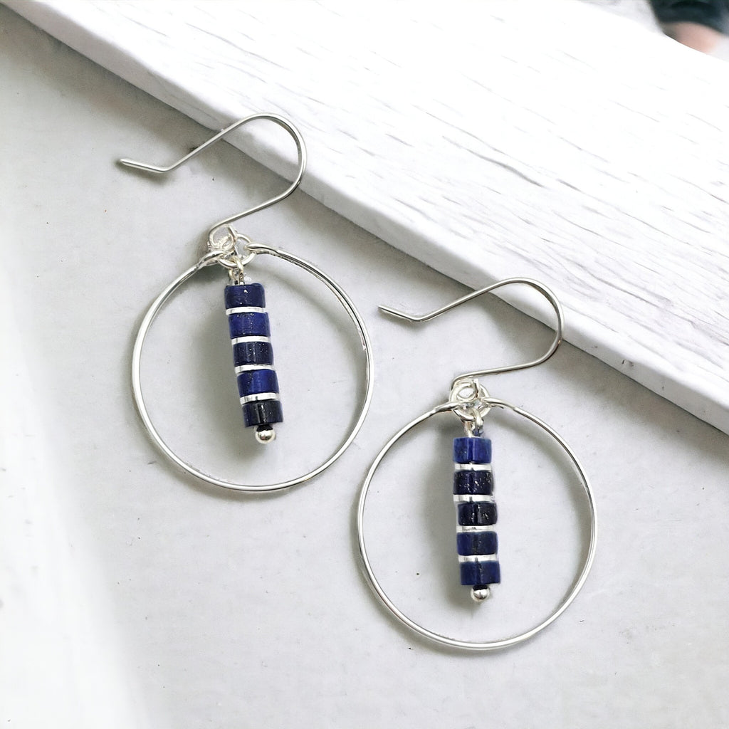 Boho - Silver Hoops with Lapis Lazuli Dangle Earrings Bijou by SAM