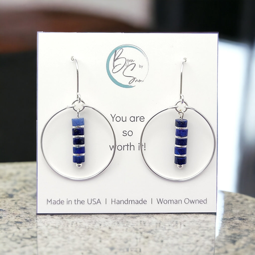 Boho - Silver Hoops with Lapis Lazuli Dangle Earrings Bijou by SAM