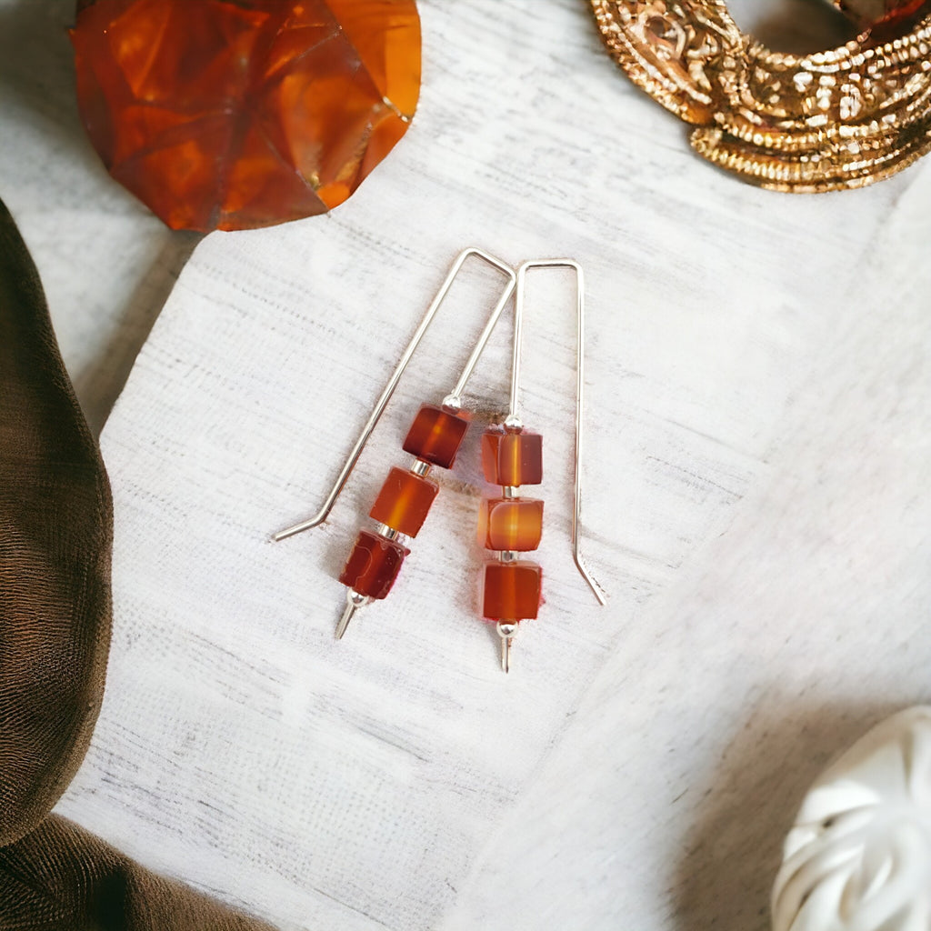 Silver Threaders with Carnelian Cubes Earrings Bijou by SAM