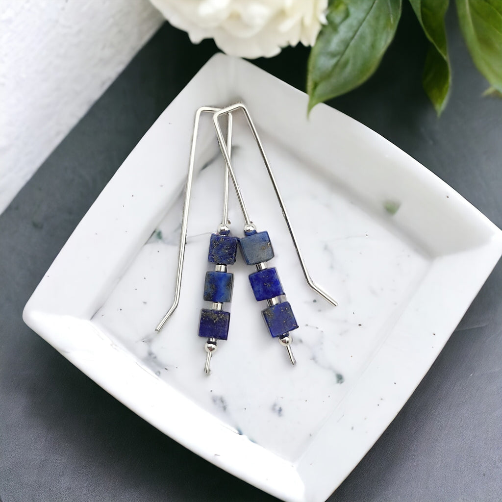 Silver Threaders with Lapis Lazuli Cubes Earrings Bijou by SAM