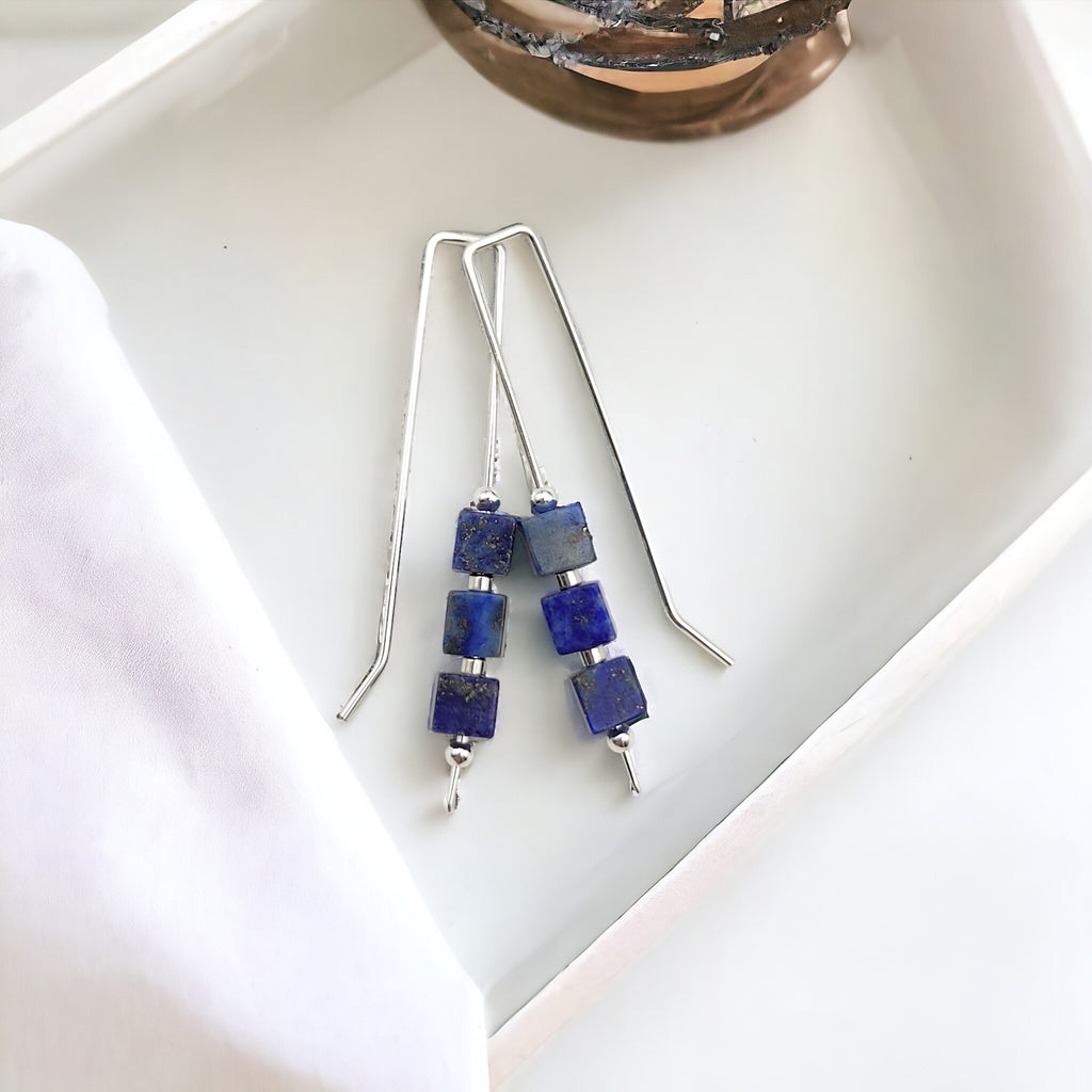 Silver Threaders with Lapis Lazuli Cubes Earrings Bijou by SAM