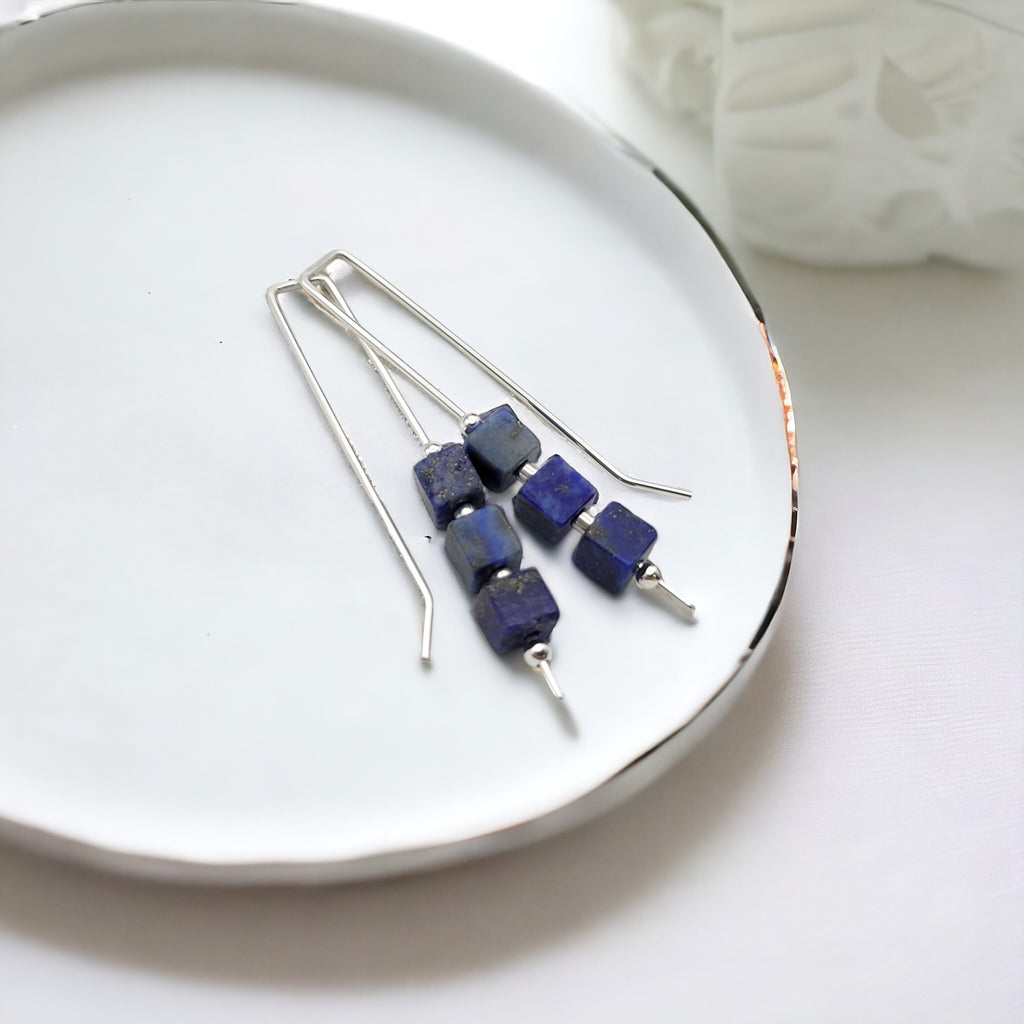 Silver Threaders with Lapis Lazuli Cubes Earrings Bijou by SAM
