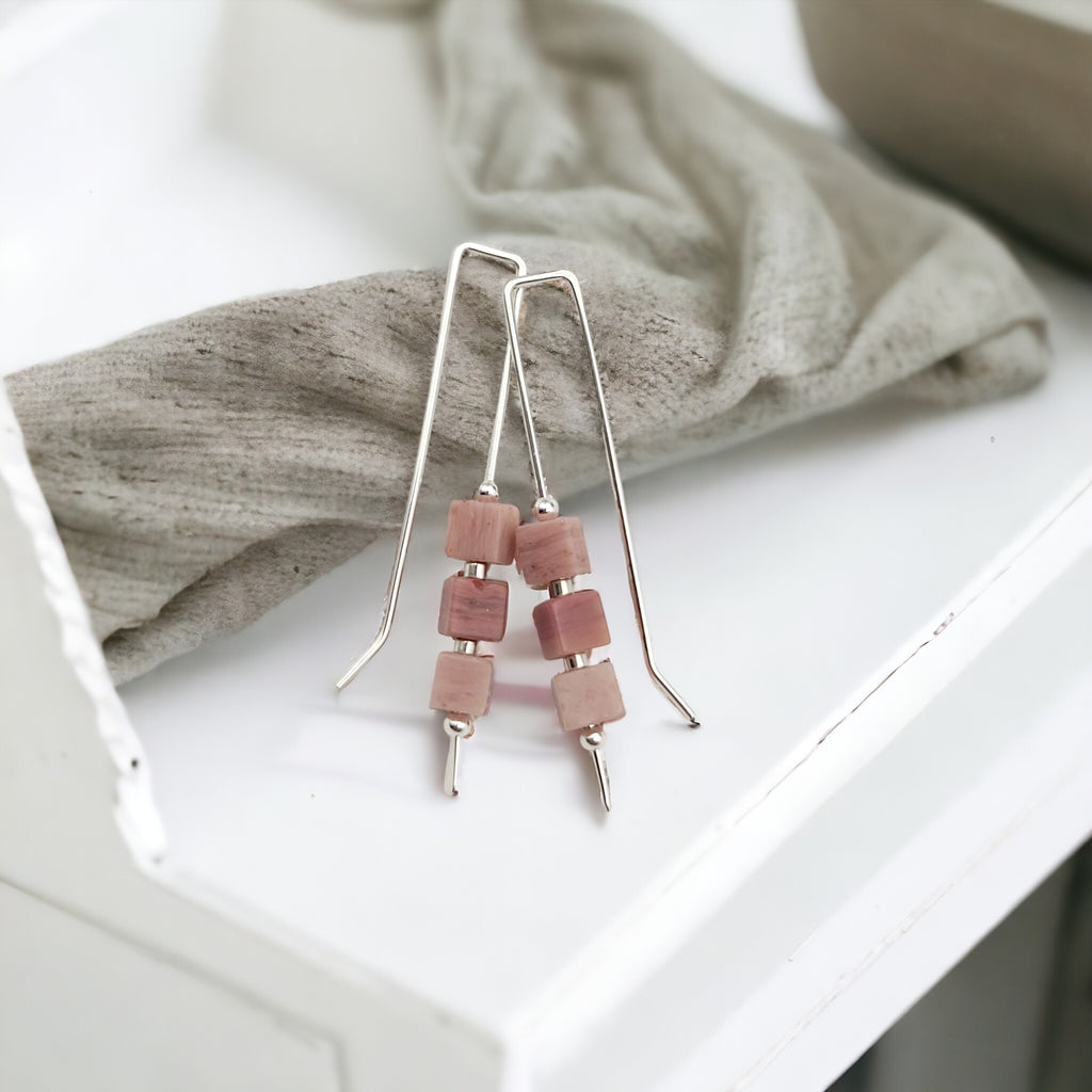 Silver Threaders with Pink Rhodonite Cubes Earrings Bijou by SAM