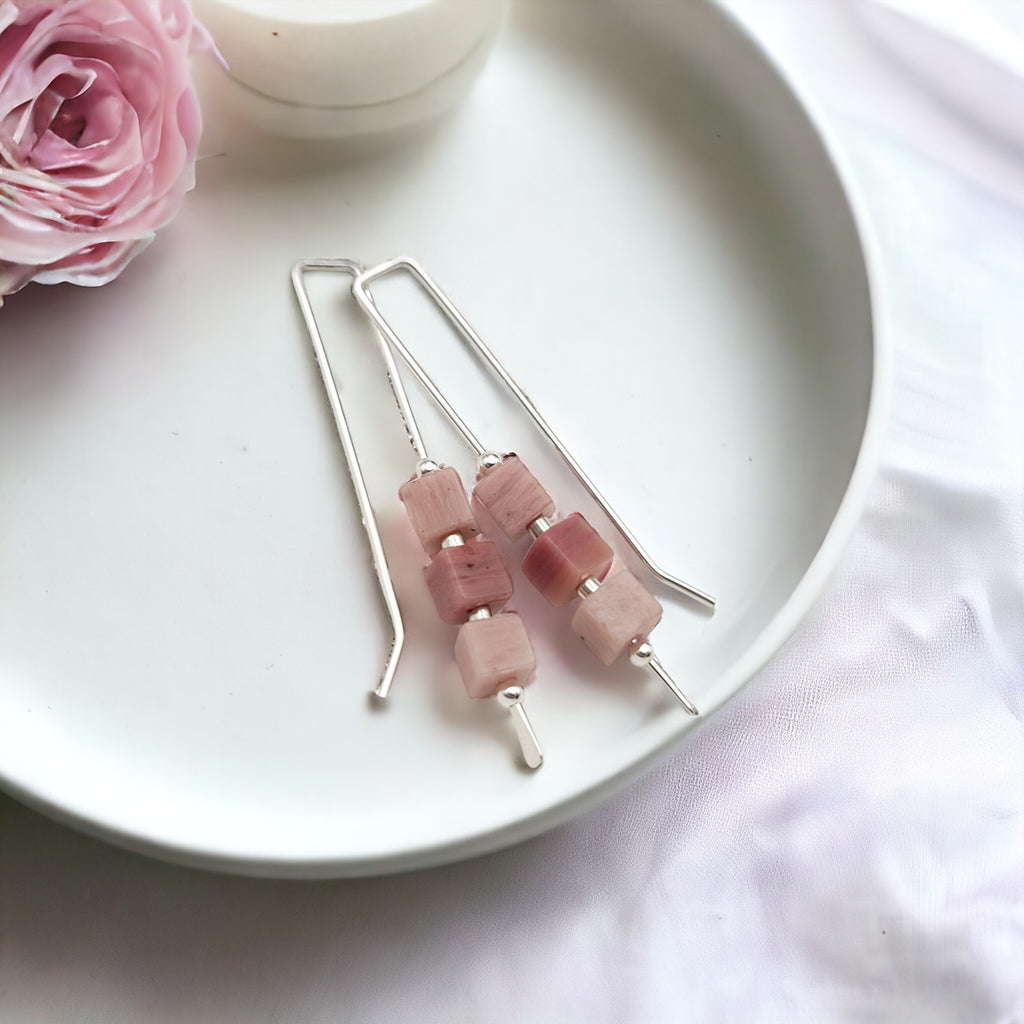 Silver Threaders with Pink Rhodonite Cubes Earrings Bijou by SAM