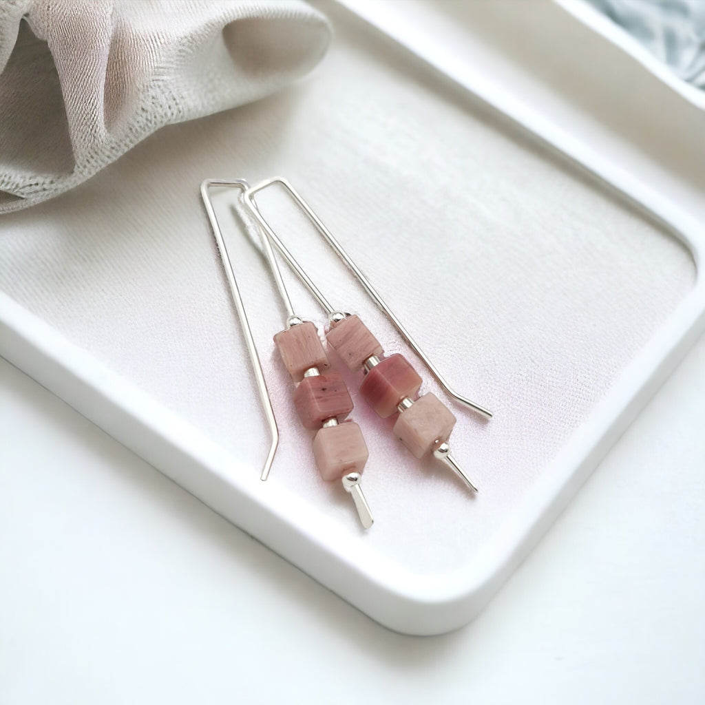 Silver Threaders with Pink Rhodonite Cubes Earrings Bijou by SAM