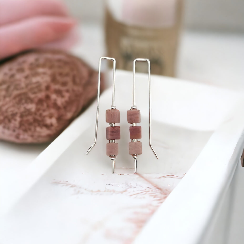 Silver Threaders with Pink Rhodonite Cubes Earrings Bijou by SAM