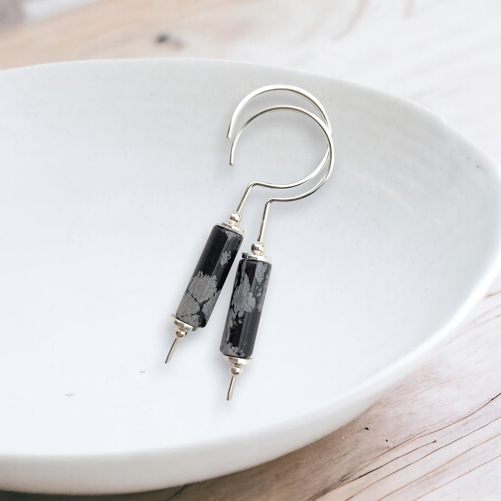 Mystique - Silver and Obsidian Hook Threaders Earrings Bijou by SAM