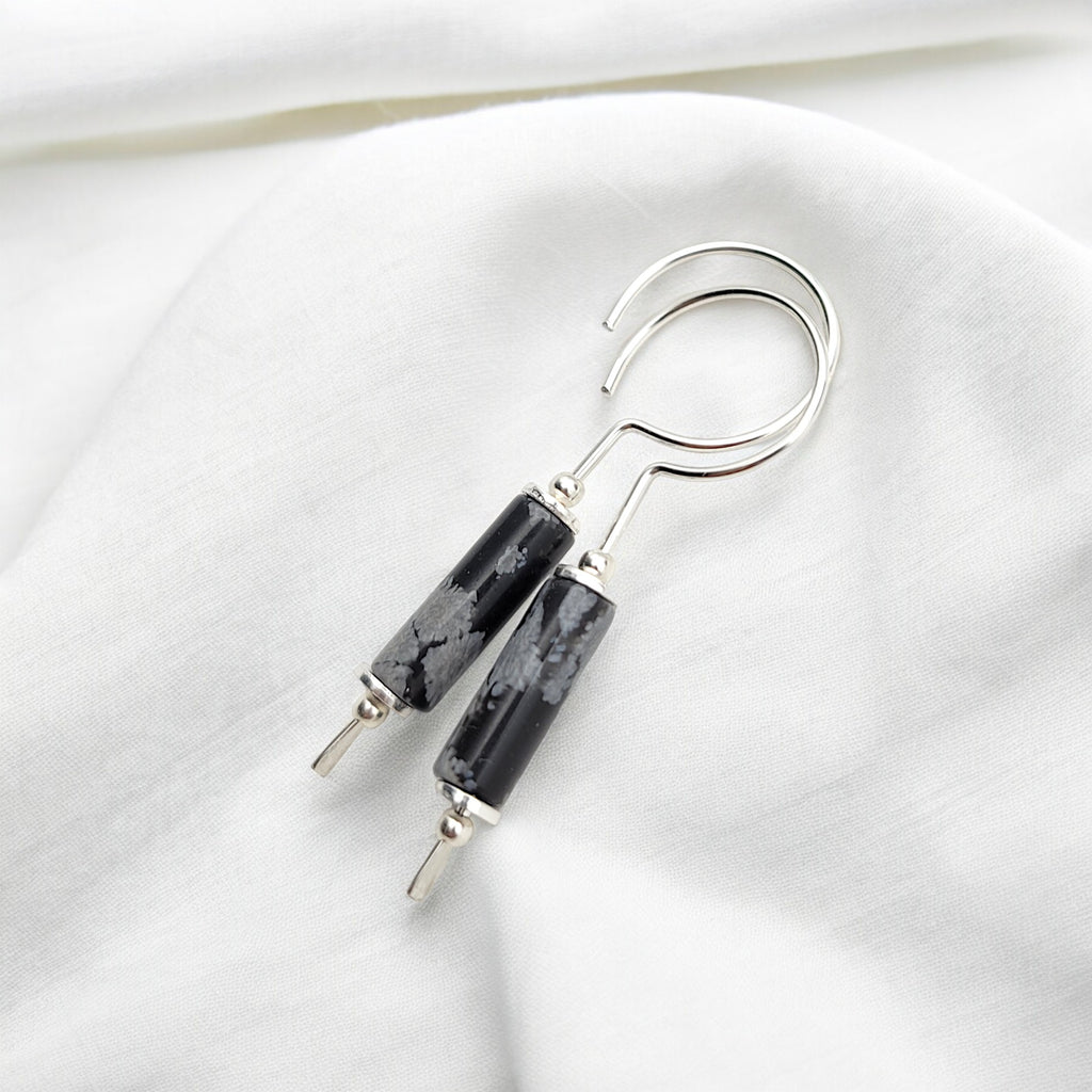 Mystique - Silver and Obsidian Hook Threaders Earrings Bijou by SAM