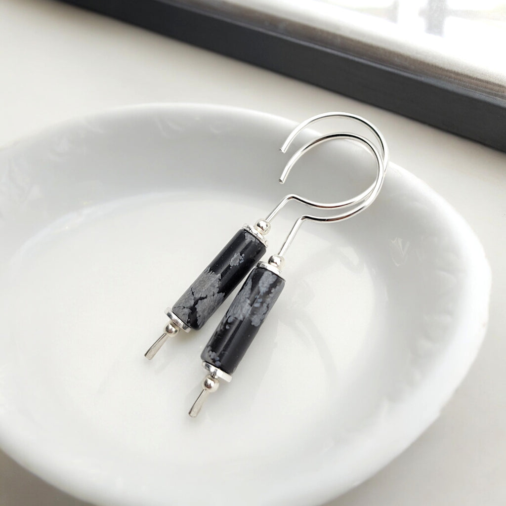 Mystique - Silver and Obsidian Hook Threaders Earrings Bijou by SAM