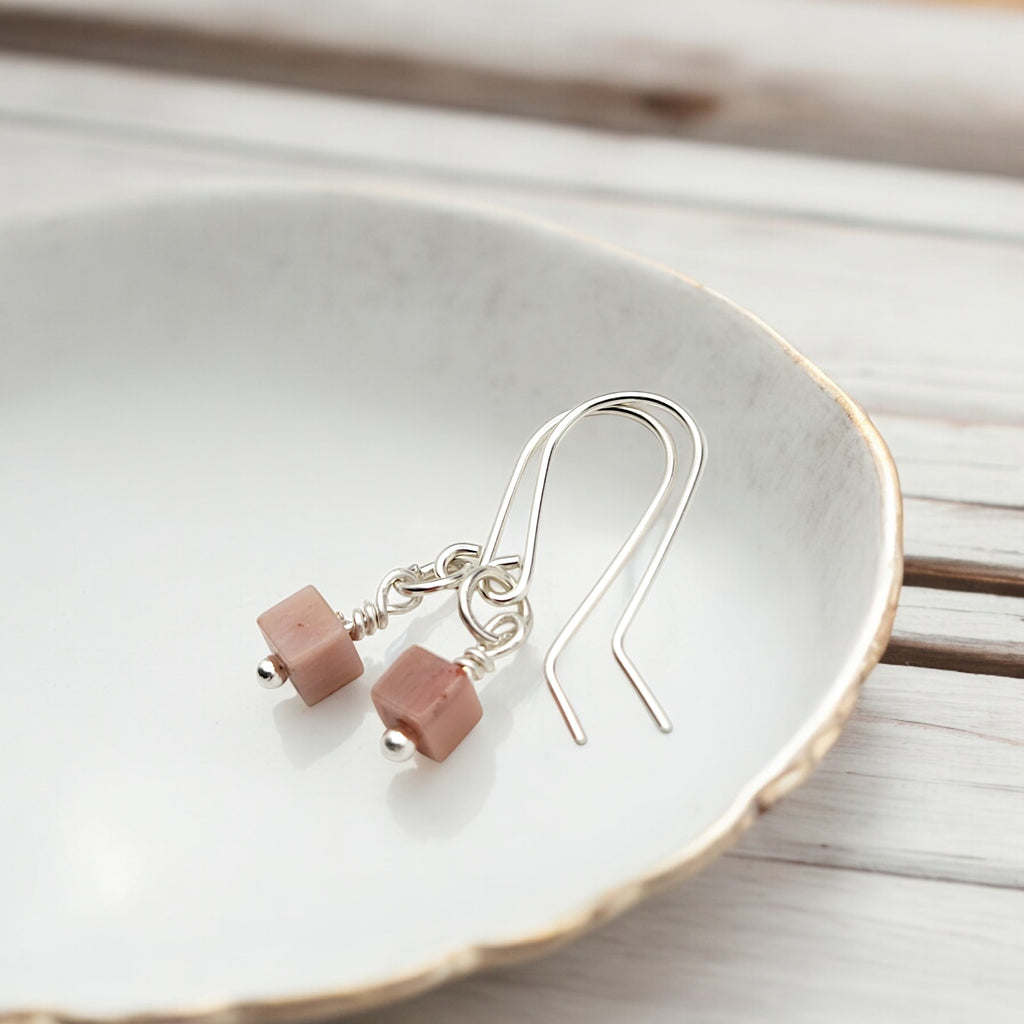 Cube - Pink Rhodonite & Sterling Silver Earrings Bijou by SAM