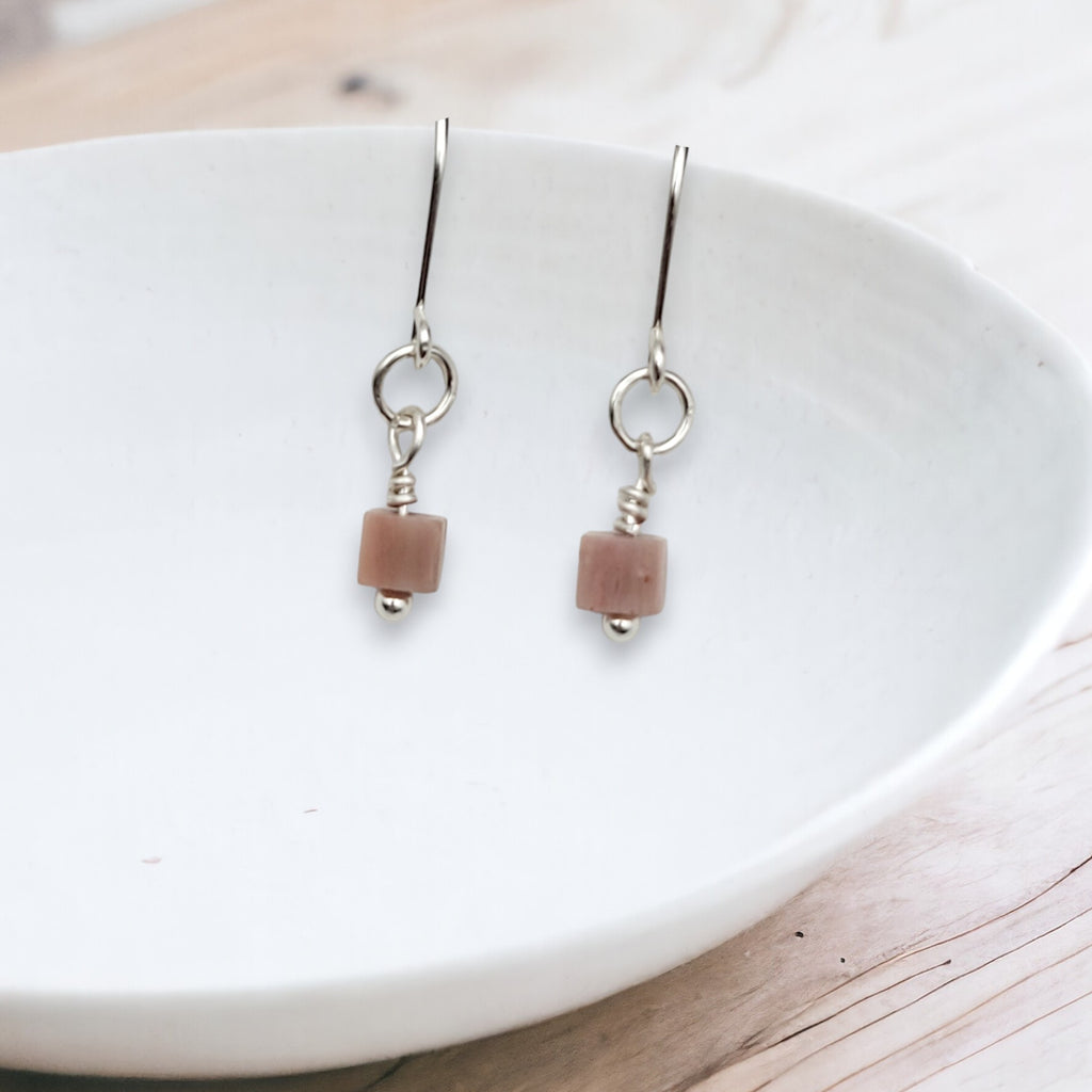 Cube - Pink Rhodonite & Sterling Silver Earrings Bijou by SAM