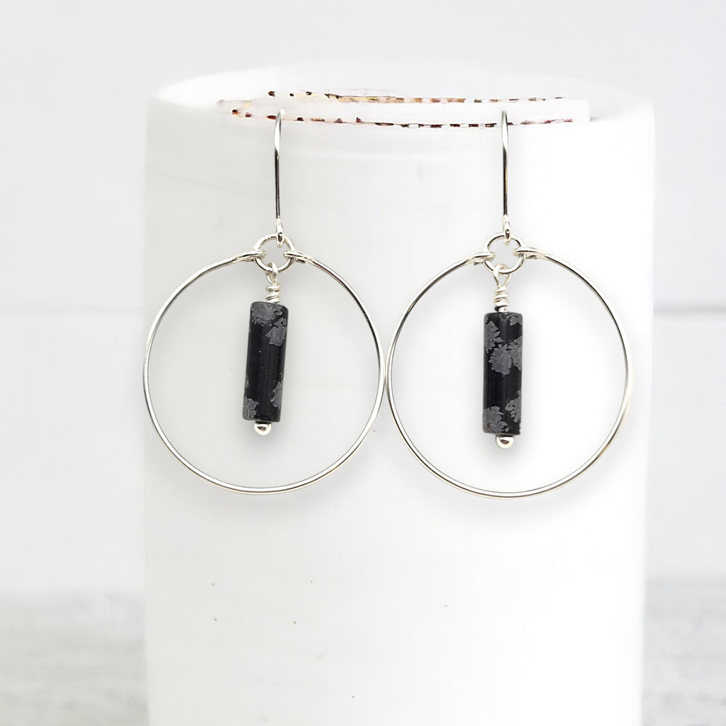 Mystique - Silver Hoops with Snowflake Obsidian Earrings Bijou by SAM