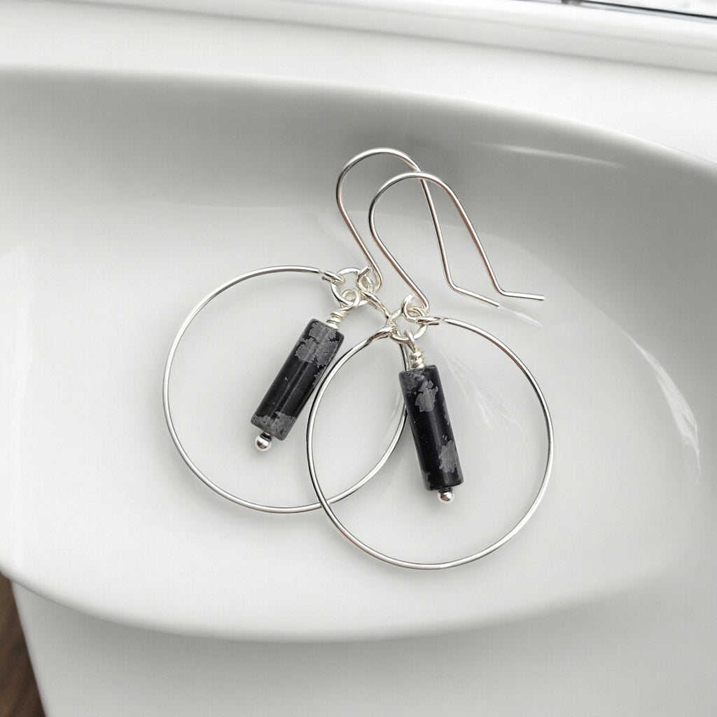 Mystique - Silver Hoops with Snowflake Obsidian Earrings Bijou by SAM