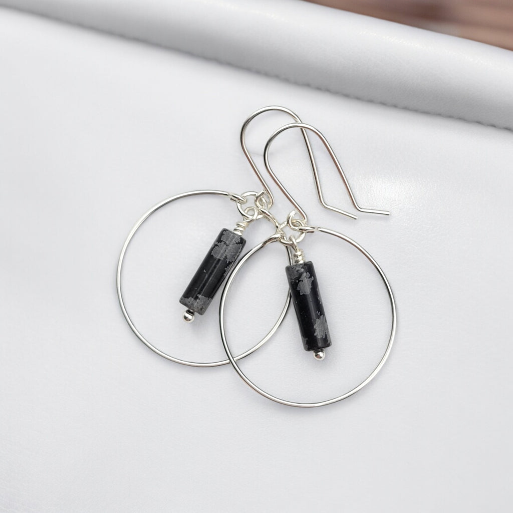 Mystique - Silver Hoops with Snowflake Obsidian Earrings Bijou by SAM