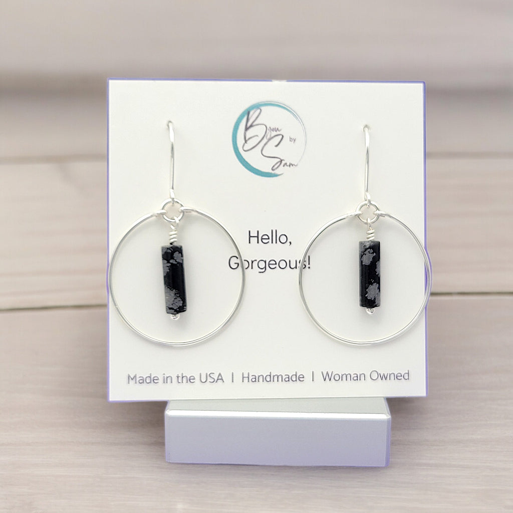 Mystique - Silver Hoops with Snowflake Obsidian Earrings Bijou by SAM