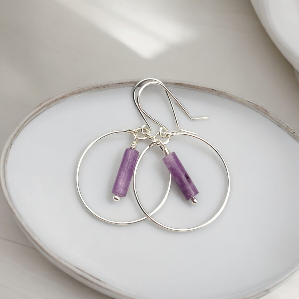 Mystique - Silver Hoop Earrings with Amethyst Earrings Bijou by SAM
