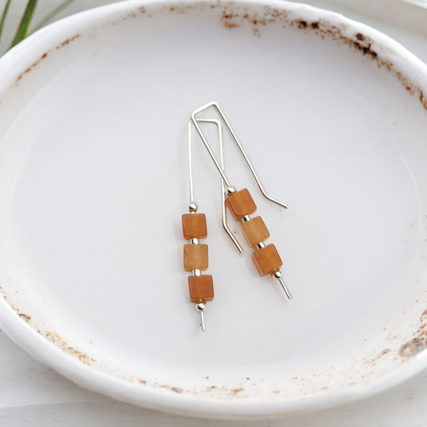 Cube - Orange Aventurine & Sterling Silver Threaders Earrings Bijou by SAM