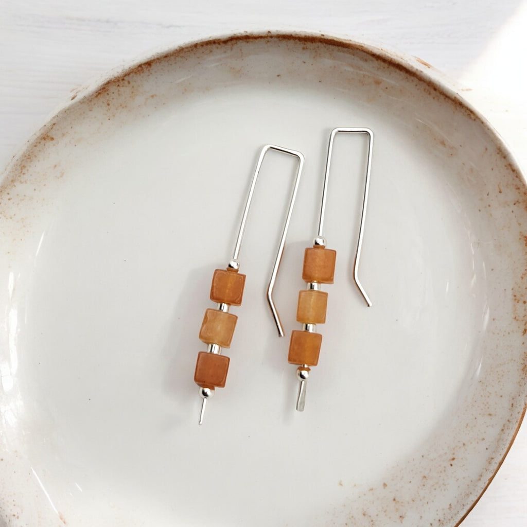 Cube - Orange Aventurine & Sterling Silver Threaders Earrings Bijou by SAM