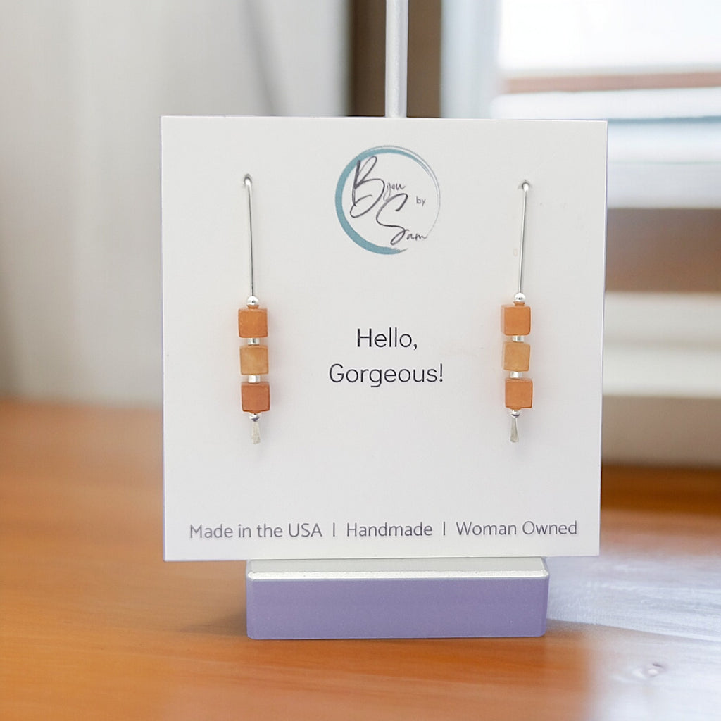 Cube - Orange Aventurine & Sterling Silver Threaders Earrings Bijou by SAM