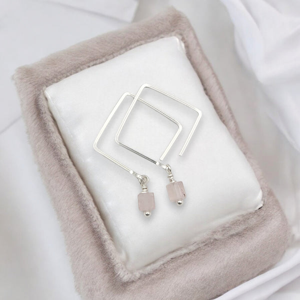 Cube - Square Threader Earrings with Rose Quartz Earrings Bijou by SAM
