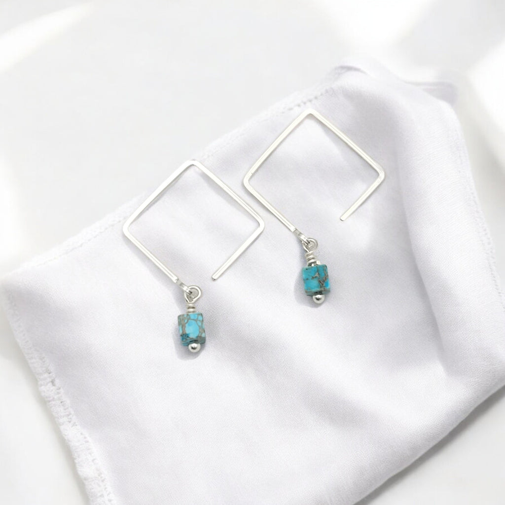 Cube - Silver Square Threaders with Turquoise Earrings Bijou by SAM