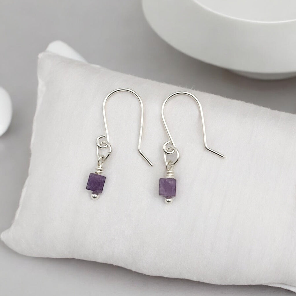 Cube - Small Silver & Amethyst Dangle Earrings Earrings Bijou by SAM