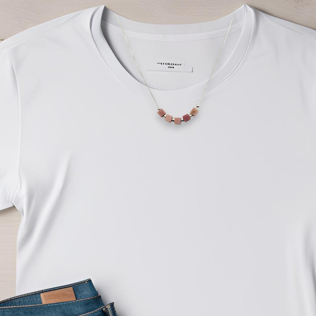 Cube - Silver & Pink Rhodonite Necklace Necklace Bijou by SAM