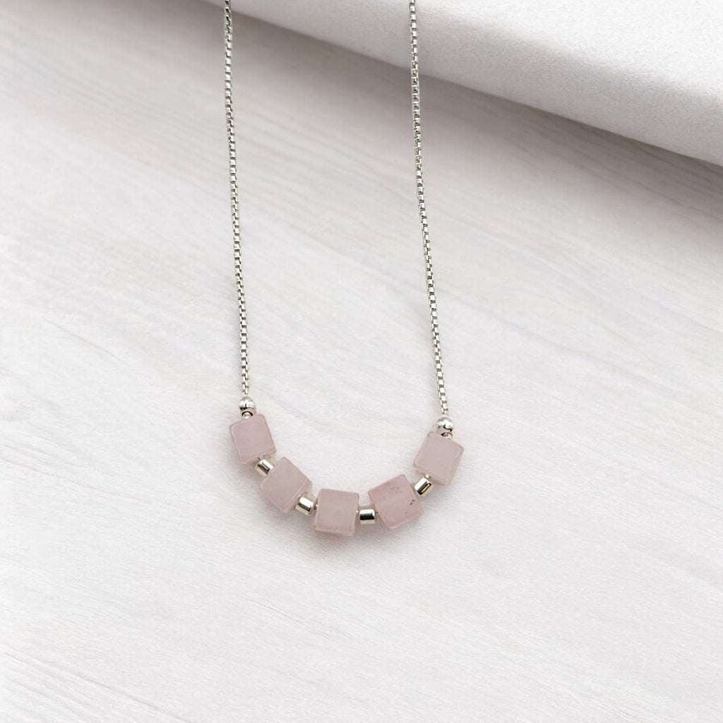 Cube - Silver & Rose Quartz Necklace Necklace Bijou by SAM