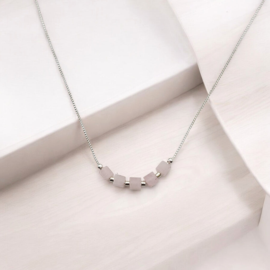 Cube - Silver & Rose Quartz Necklace Necklace Bijou by SAM